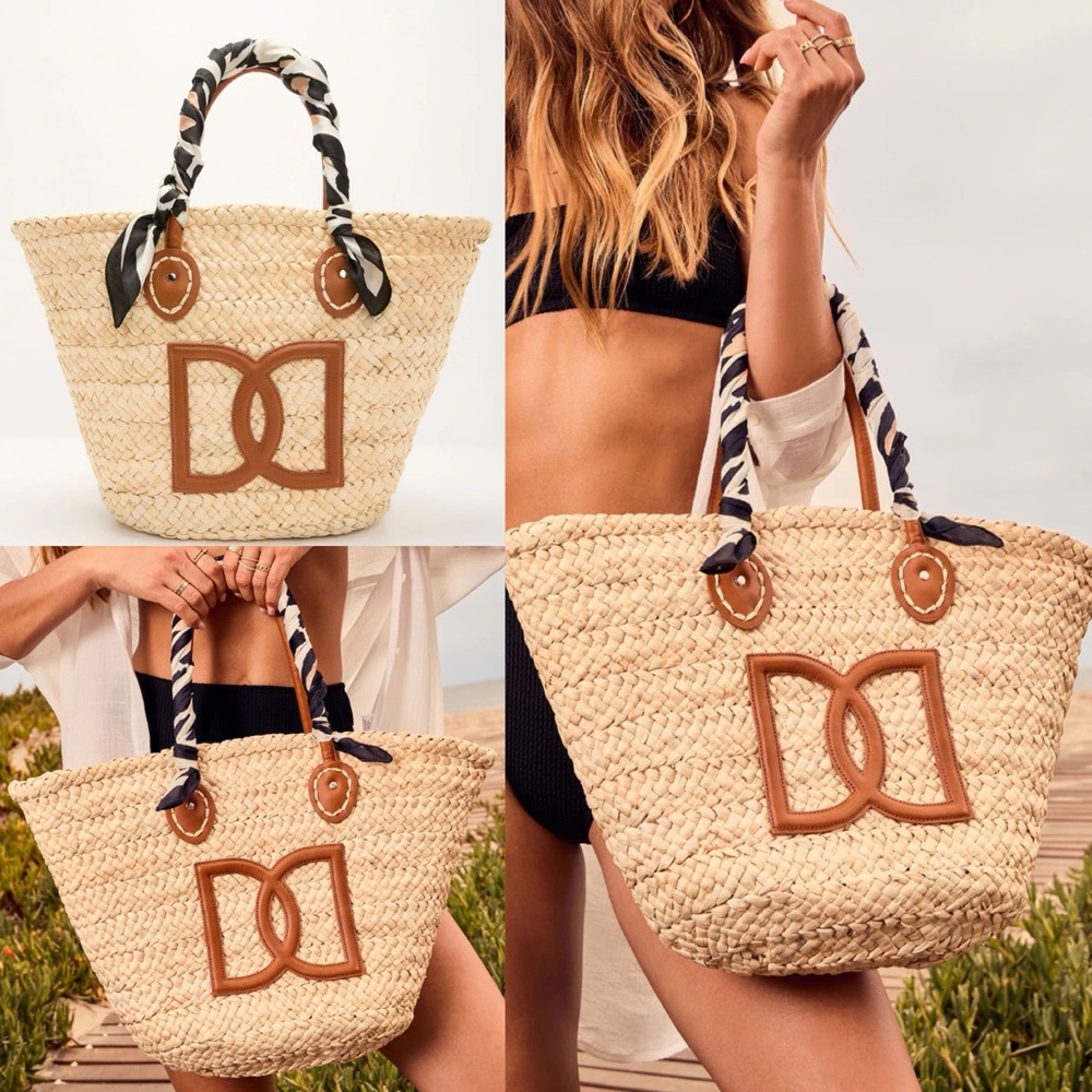 Natural Woven Scarf Wrapped Straw Tote